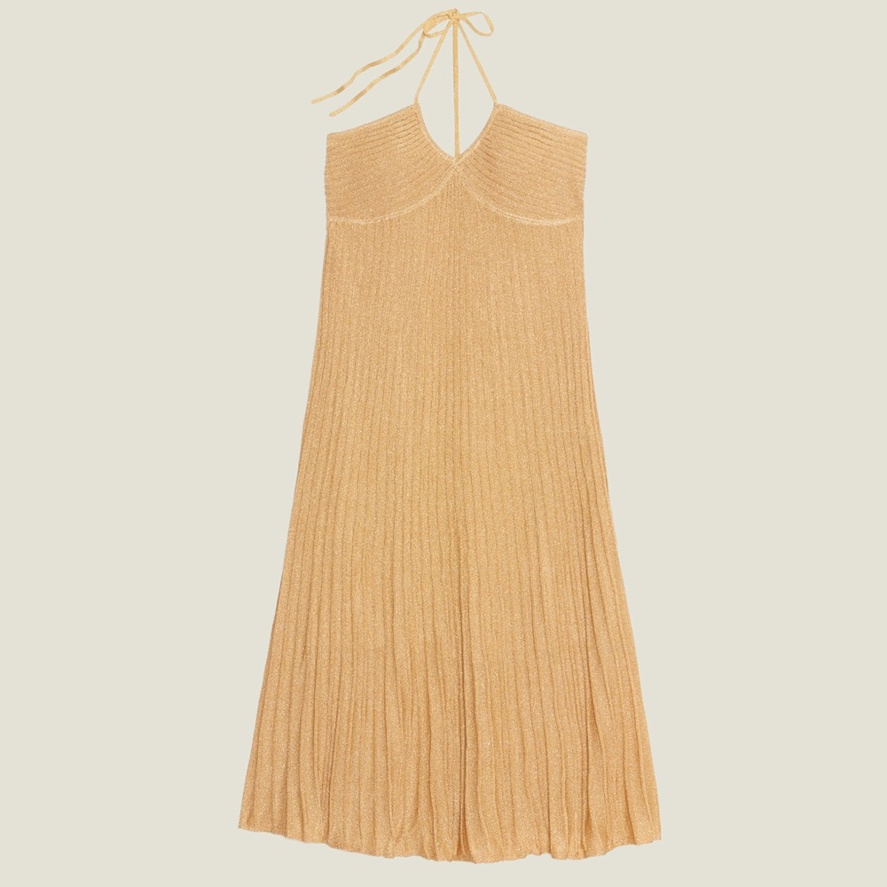 Sandro Long Dress in Pleated Lurex Knit, SZ 38 IT